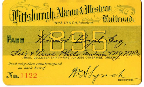 Pittsburgh Akron & Western Railroad Rail Pass 1895